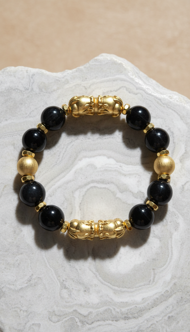 Double-Bead Luxury Pixiu Bracelet with Gold Accents
