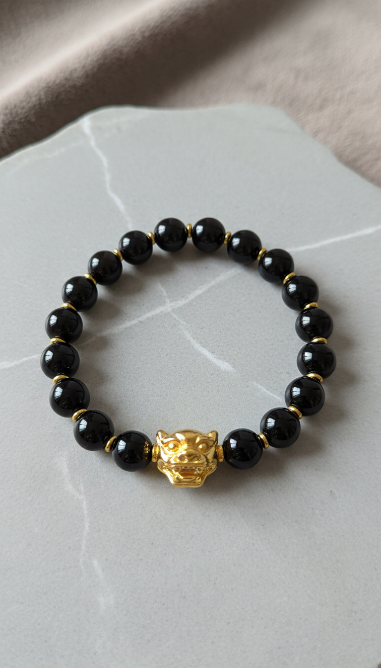Obsidian Pixiu Bracelet with Gold-Plated Charm