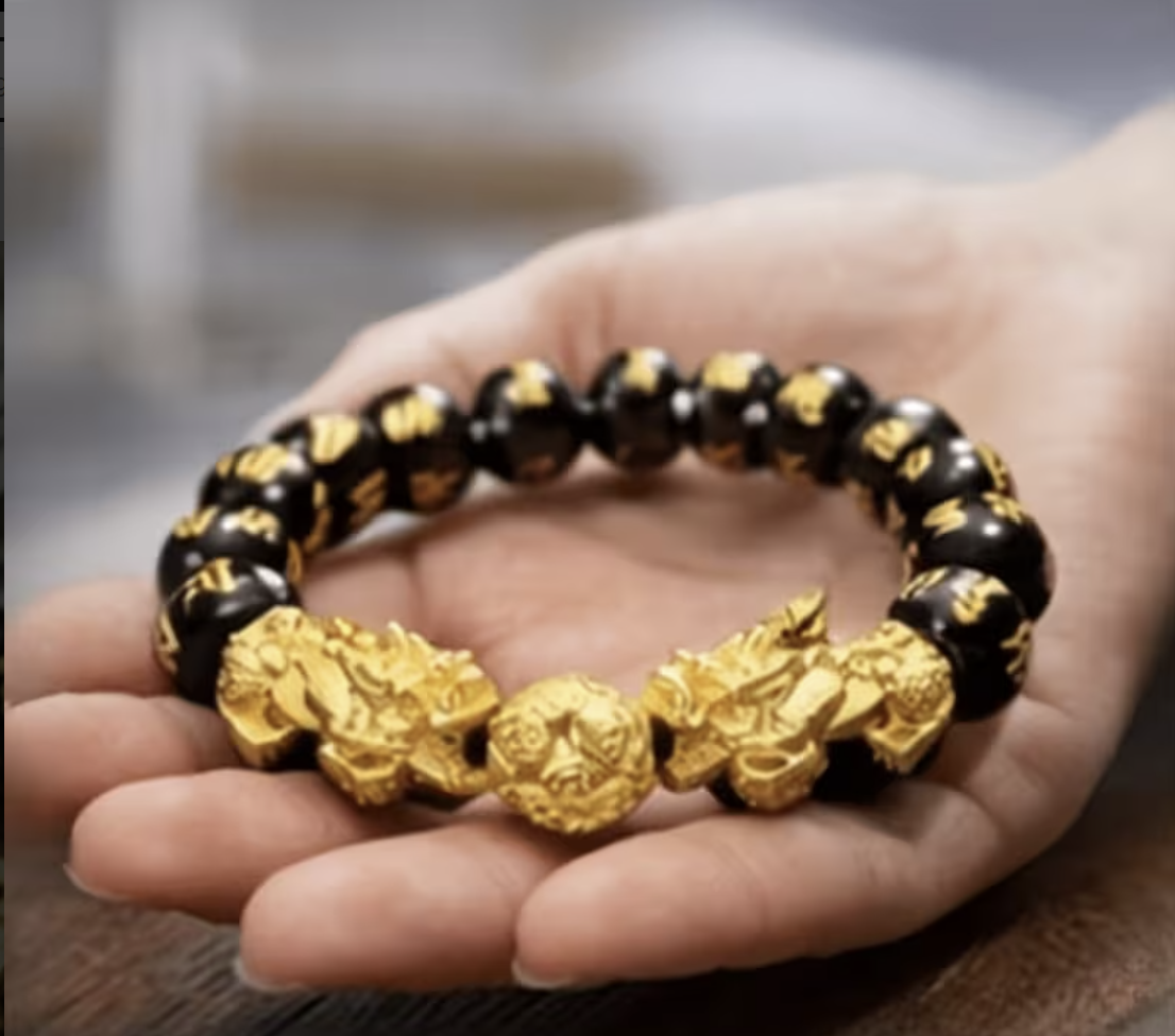 Black obsidian double Pixiu bracelet - side angle view