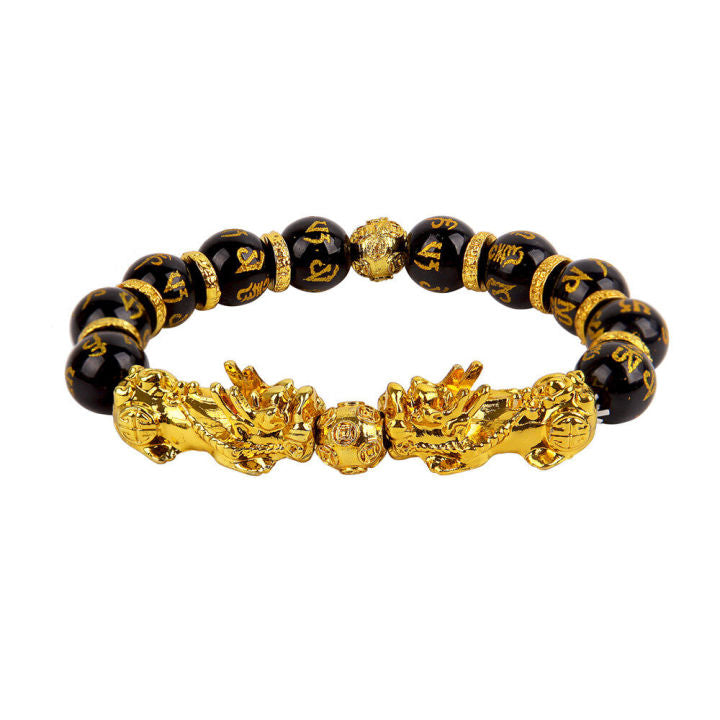 Black obsidian double Pixiu wealth bracelet on white background