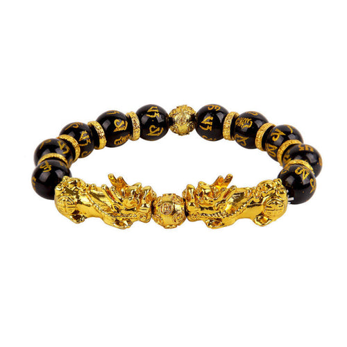 Black obsidian double Pixiu wealth bracelet on white background