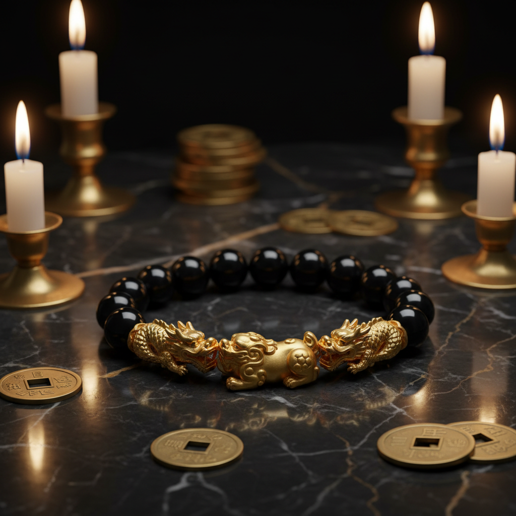 Black obsidian Pixiu bracelet on dark marble with gold coins