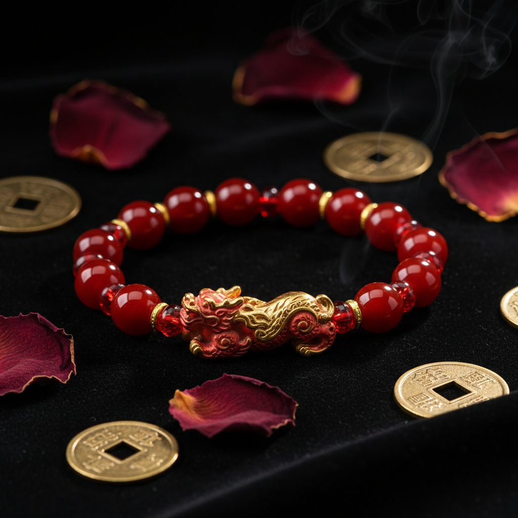 Red agate Pixiu wealth bracelet on dark velvet with gold coins