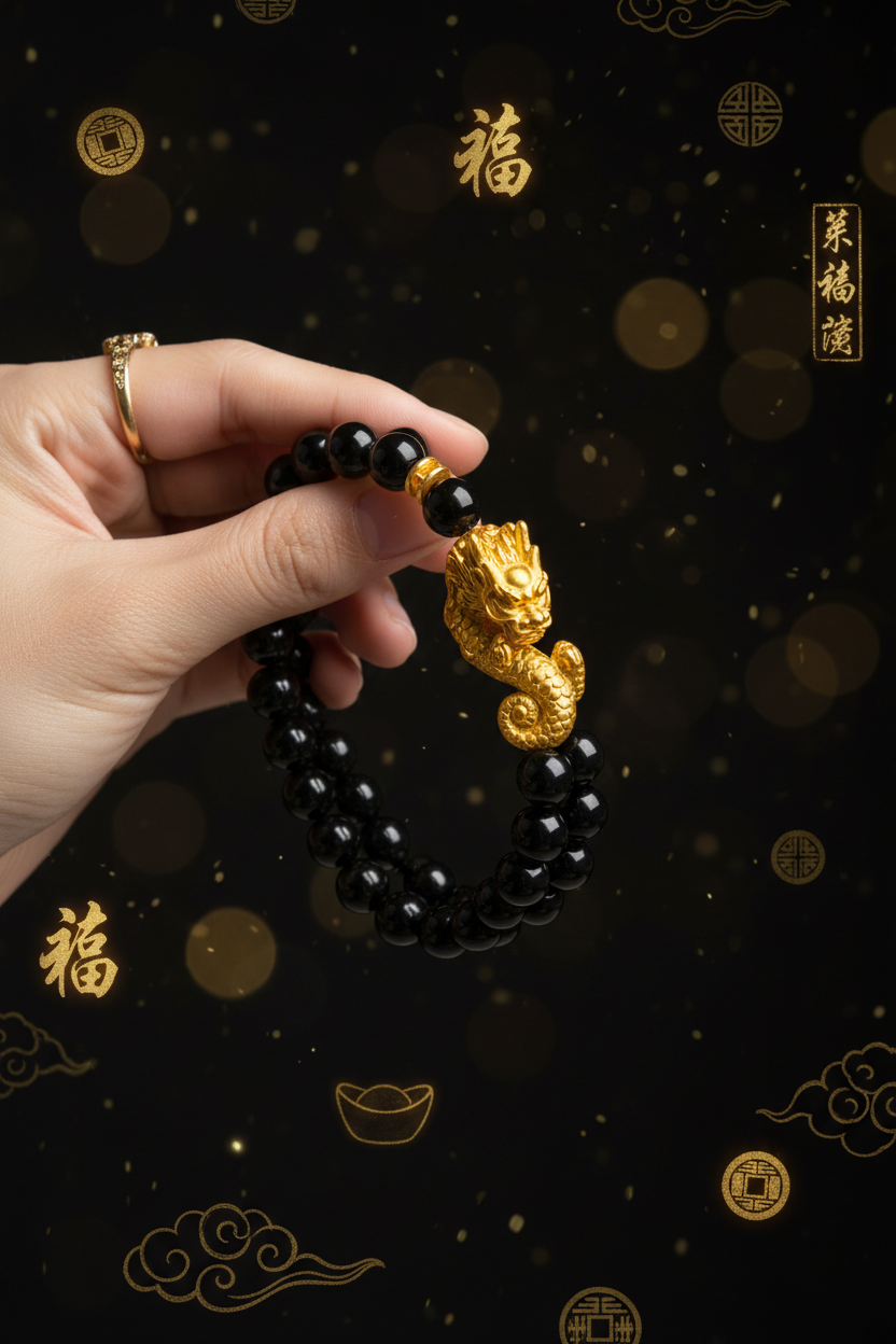 Hand holding black obsidian Pixiu bracelet with golden bokeh