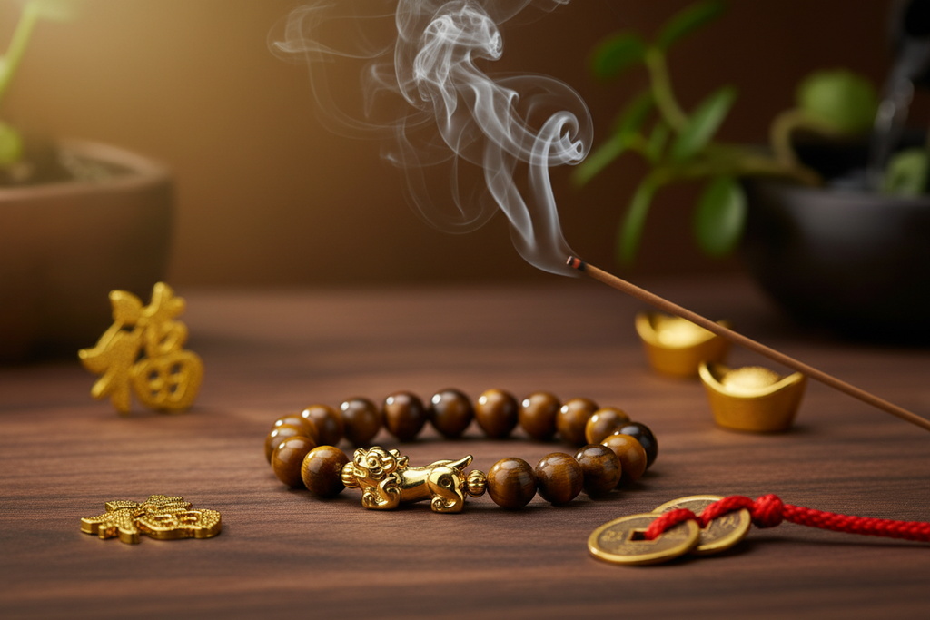 Tiger's Eye Pixiu bracelet with incense smoke on dark wood