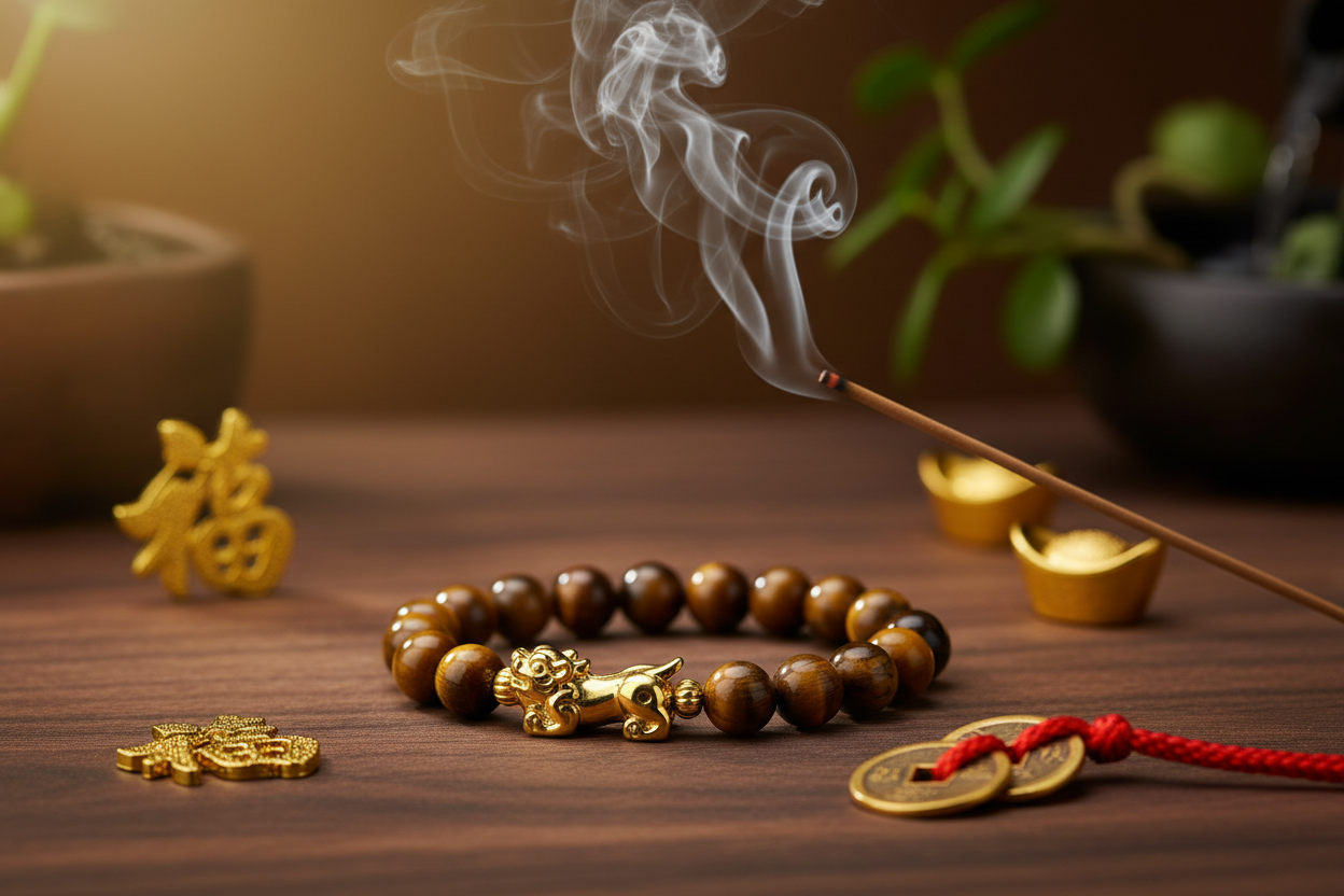 Tiger's Eye Pixiu bracelet with incense smoke on dark wood