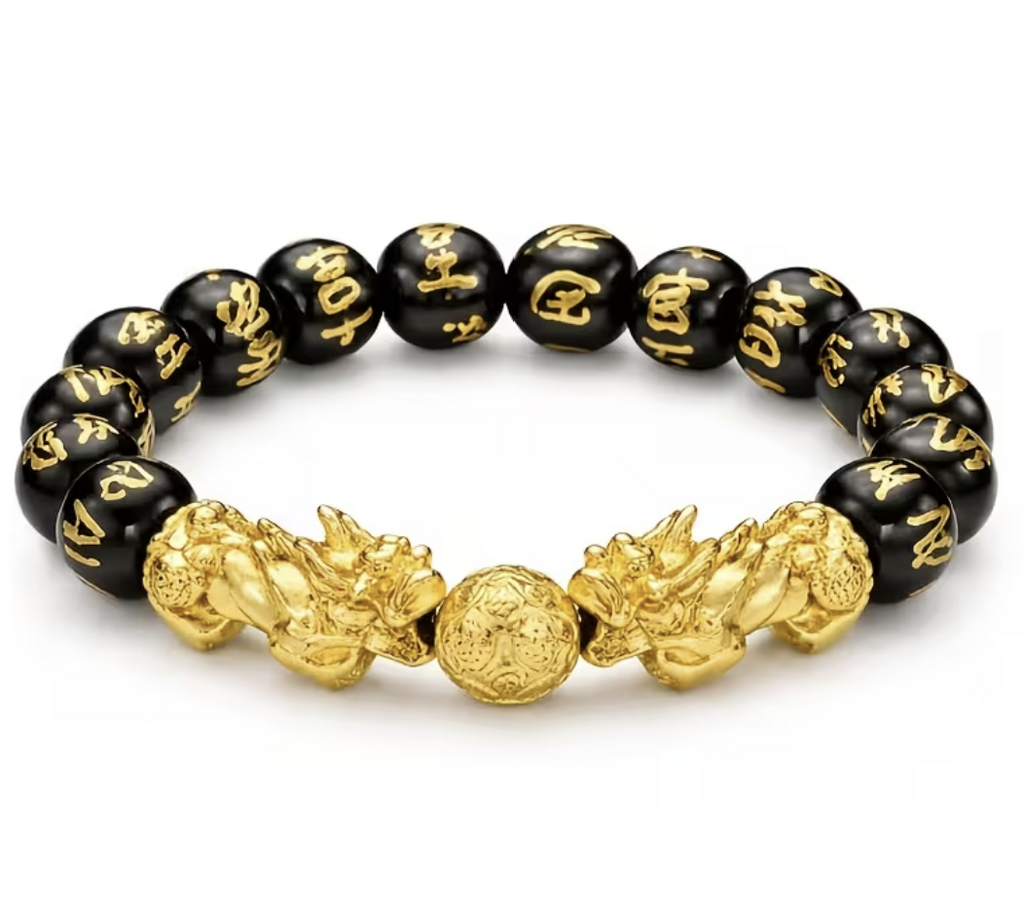 Black obsidian double Pixiu bracelet with gold rings - top view