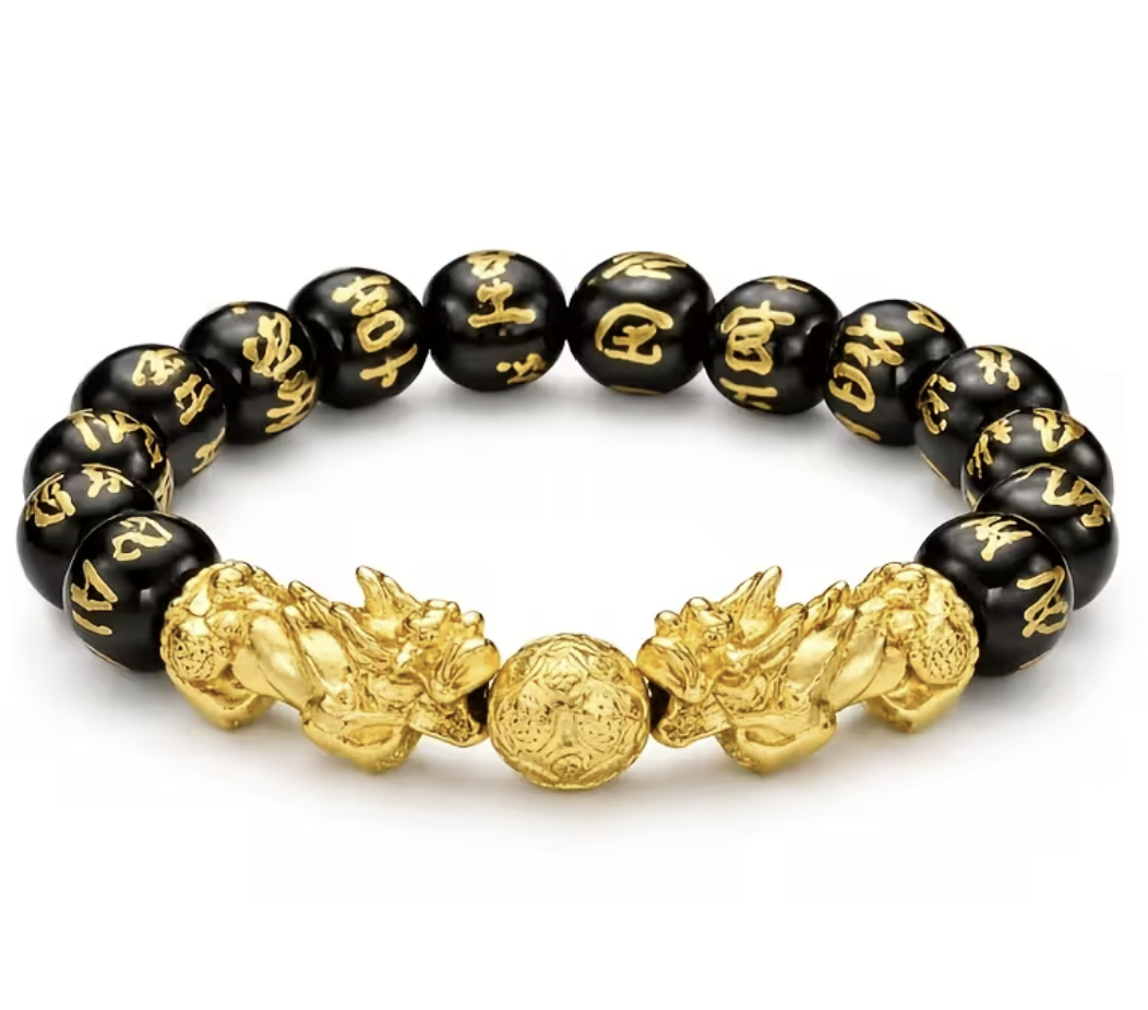 Black obsidian double Pixiu bracelet with gold rings - top view