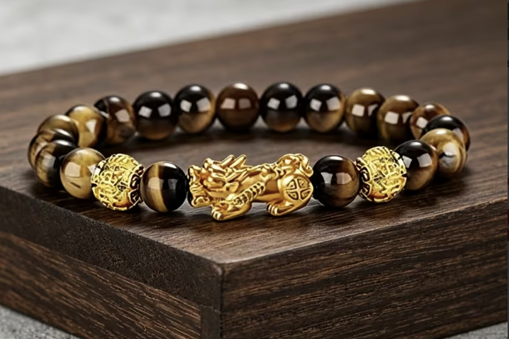 Tiger's Eye Pixiu wealth bracelet on wooden display
