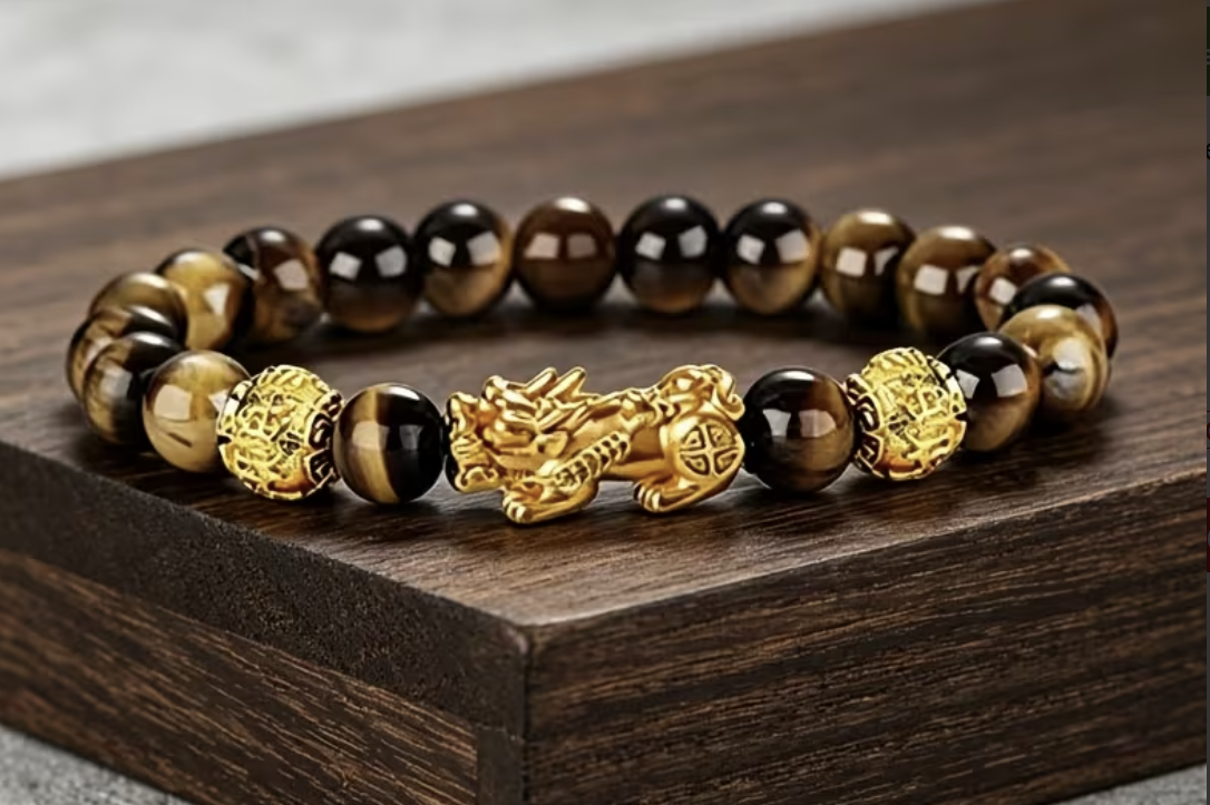 Tiger's Eye Pixiu wealth bracelet on wooden display