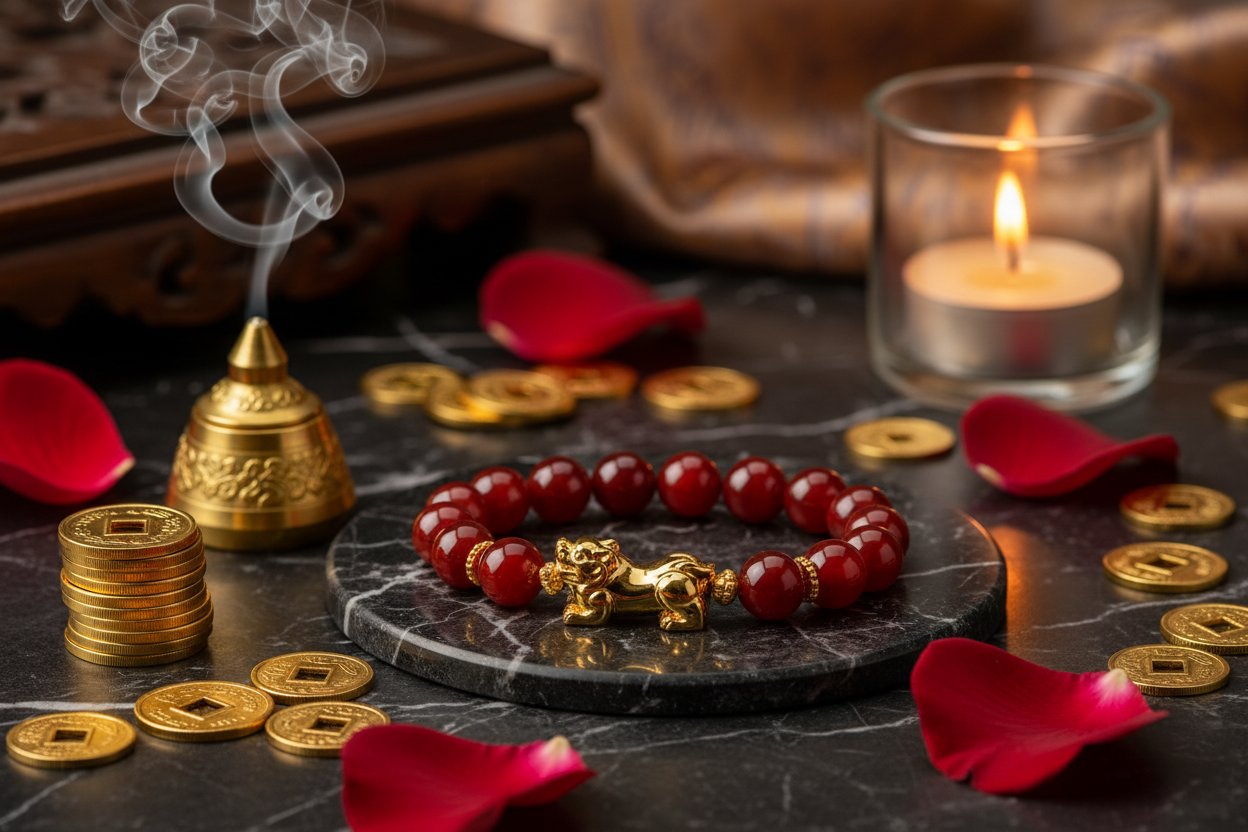Red Agate Pixiu bracelet lifestyle flat lay